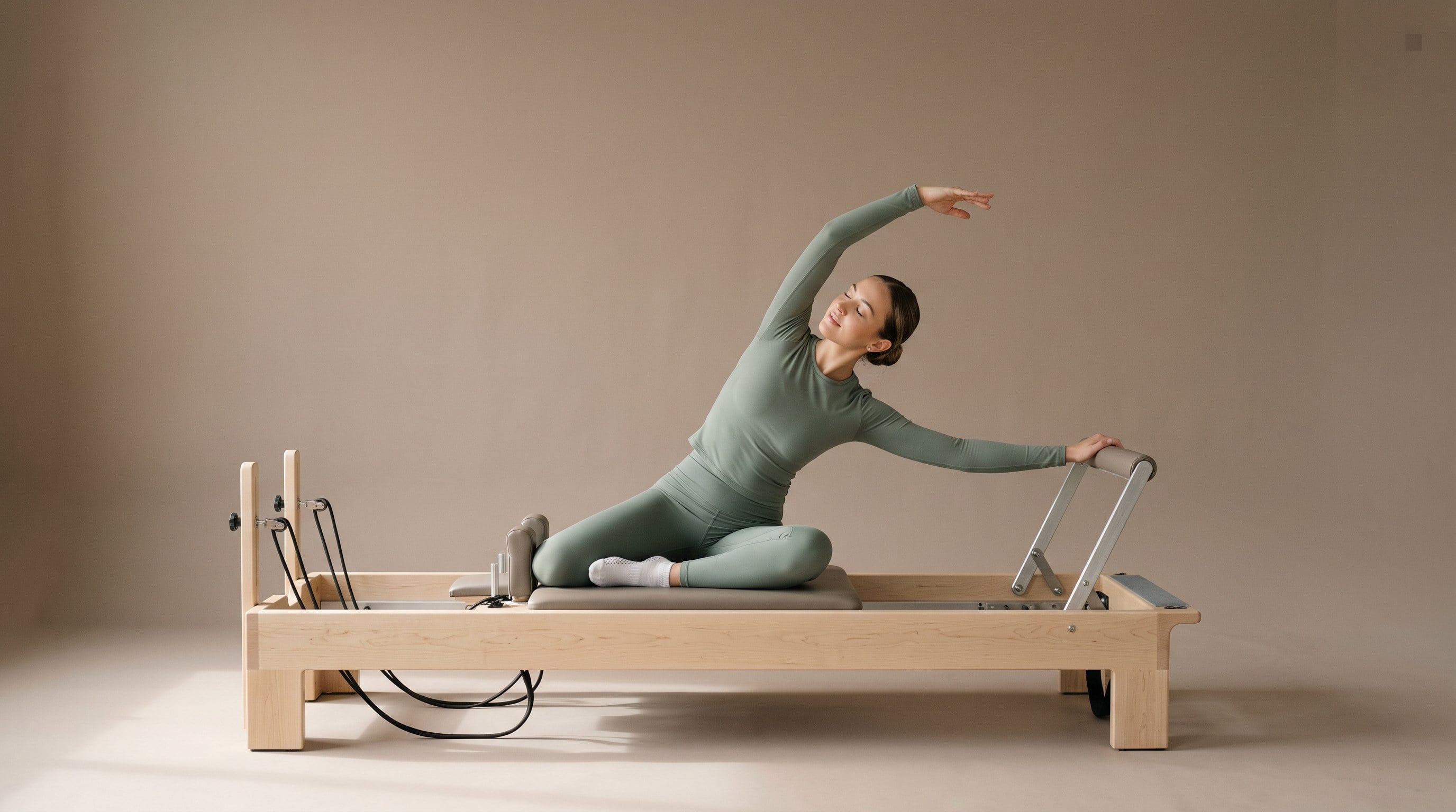 A woman in sage green in a mermaid side stretch on a maple reformer