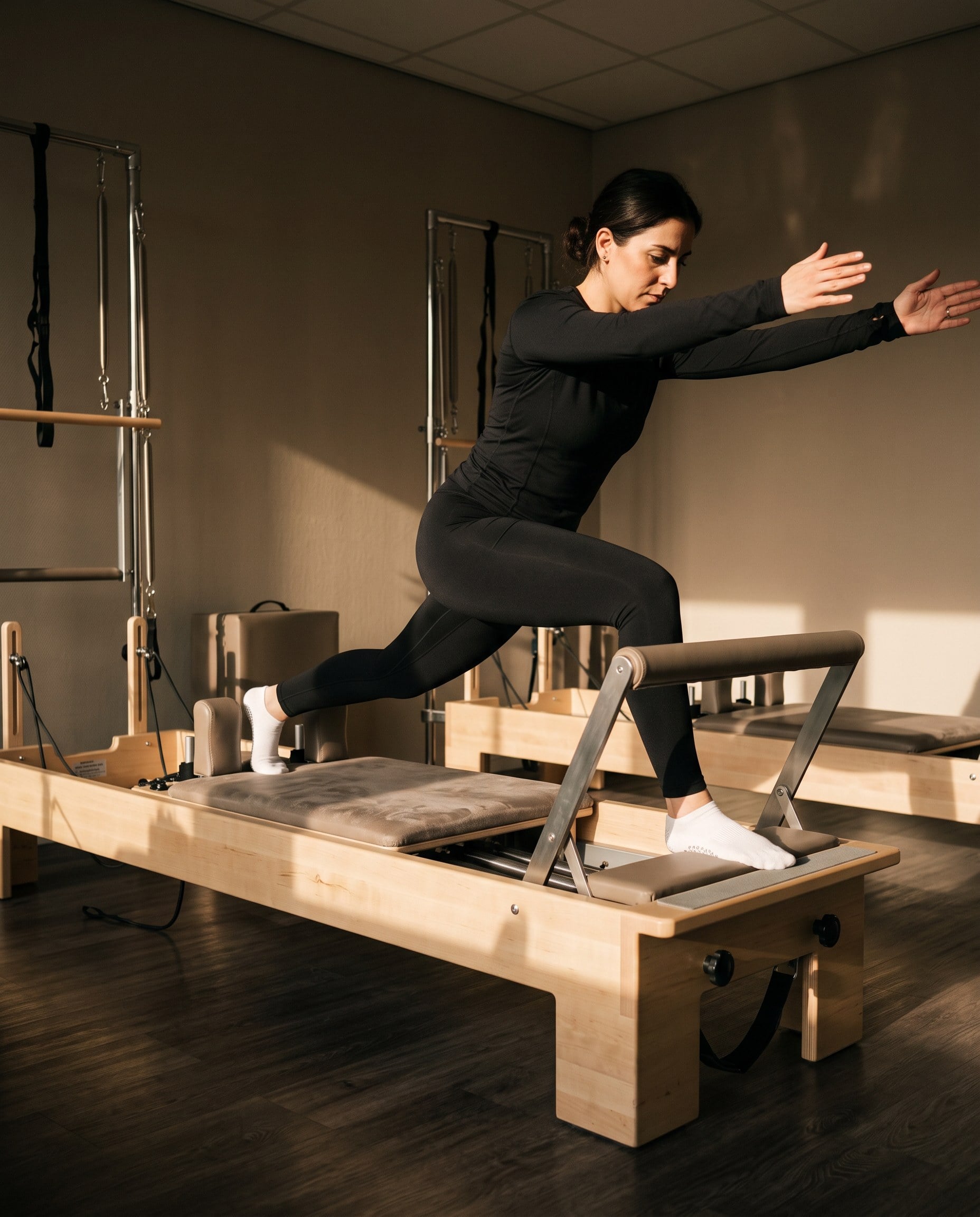 A woman in black holding a deep standing lunge on the reformer in low evening light