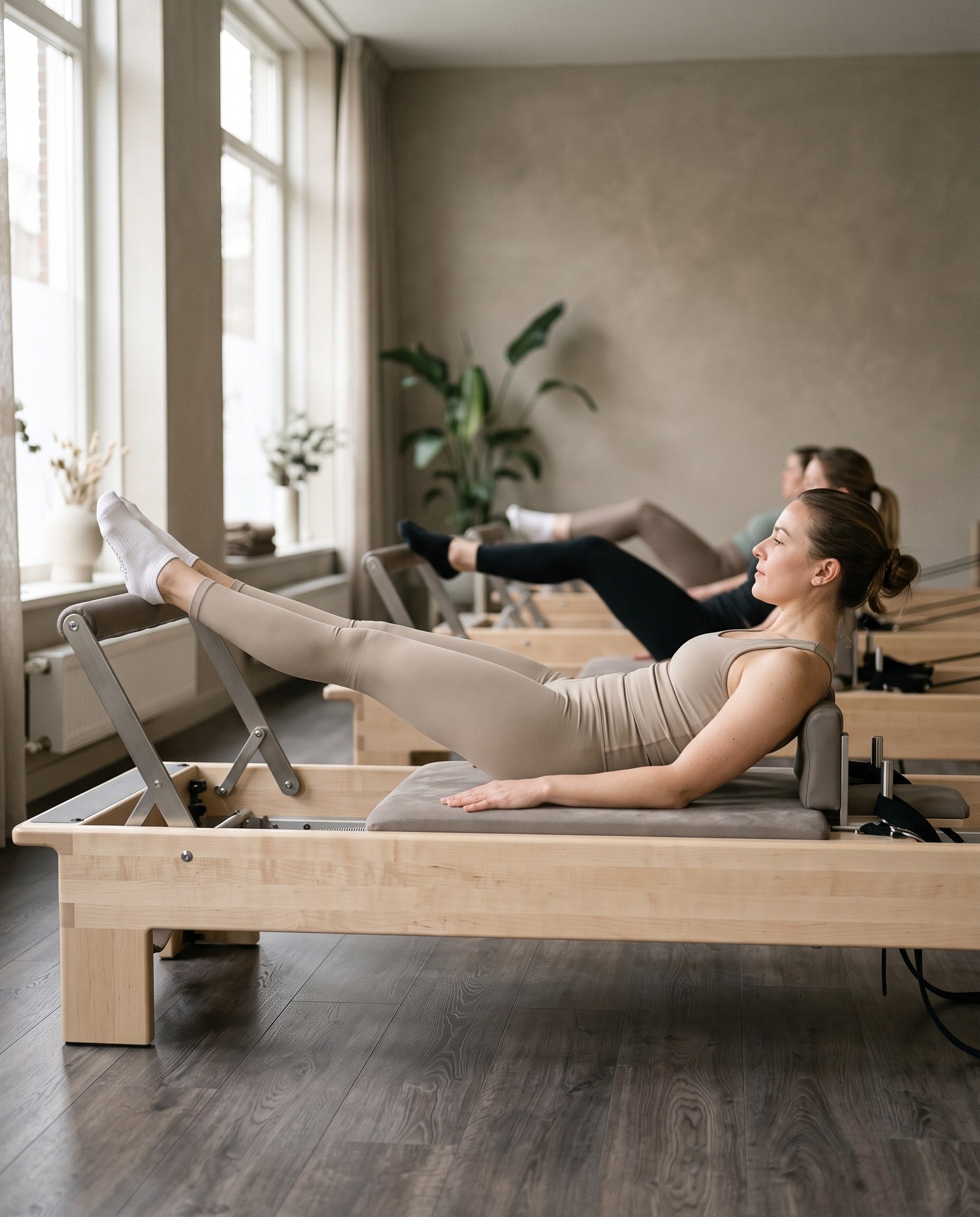A woman lying on the reformer carriage with her legs extended, moving with control