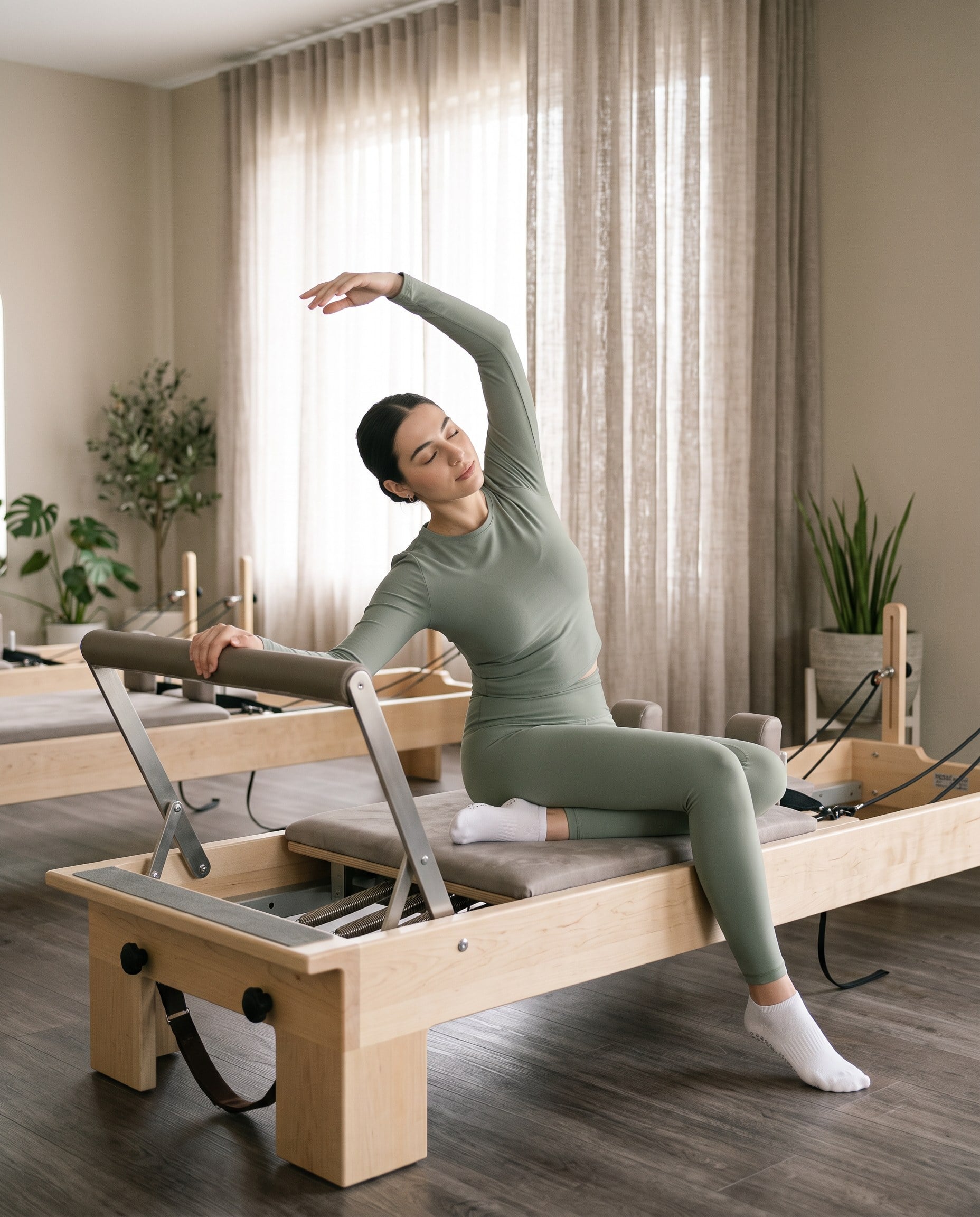 A woman in sage green in a side stretch on the reformer, eyes closed, next to linen curtains