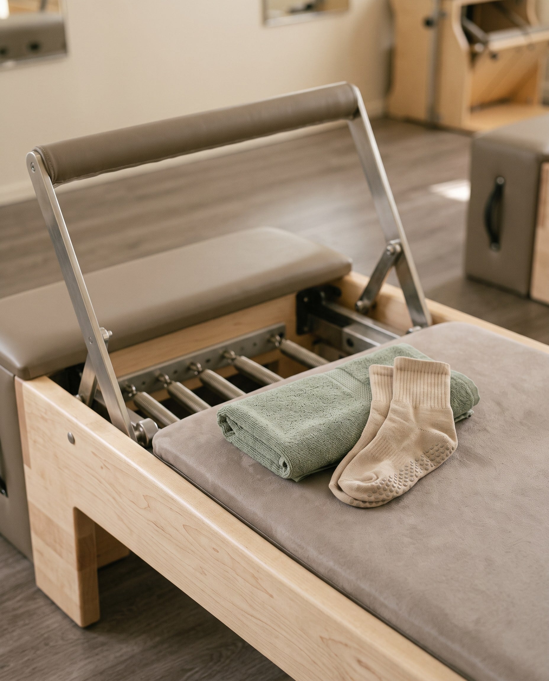 A folded sage towel and grip socks on the grey suede carriage of a maple reformer