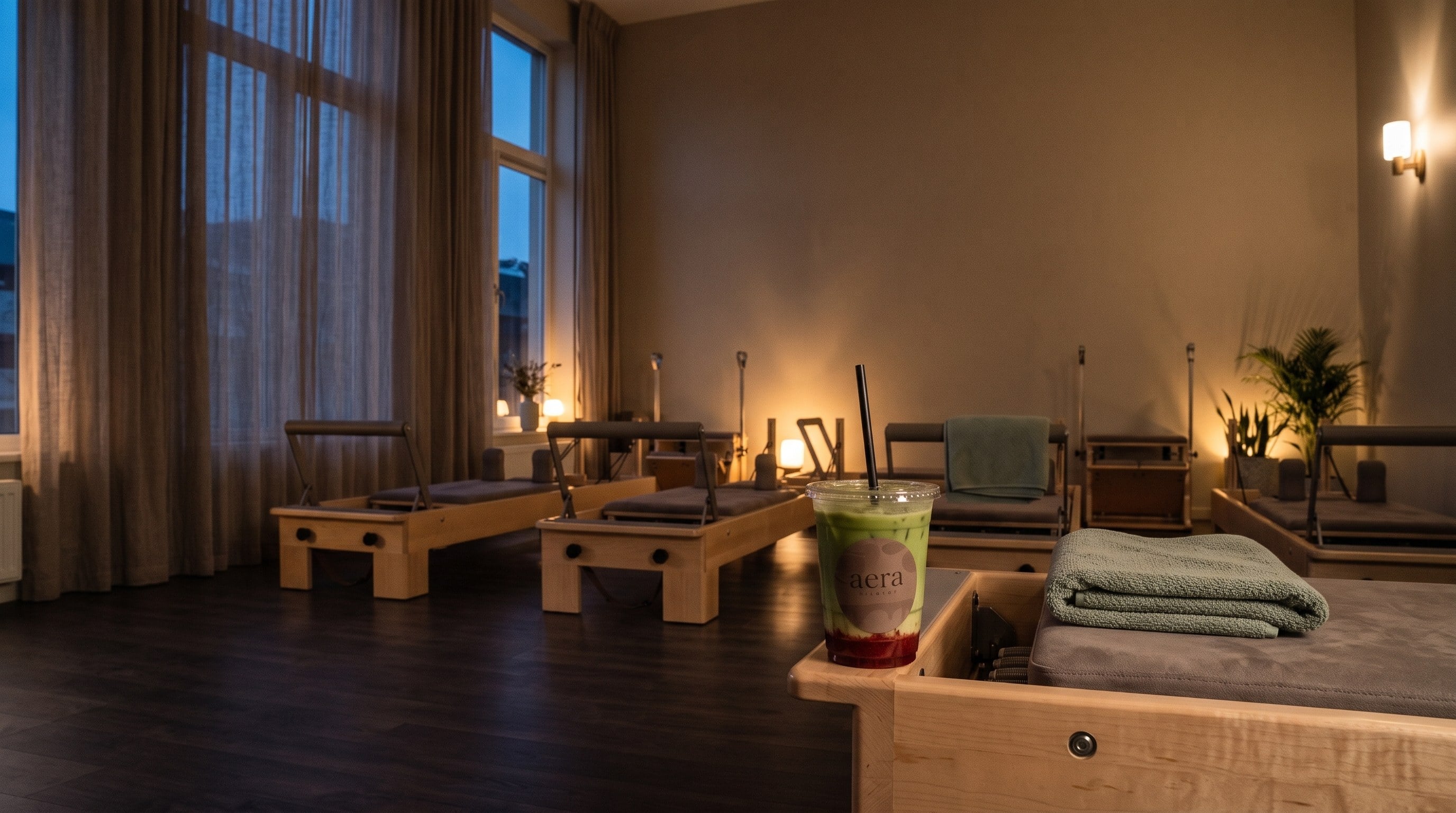 The studio at dusk after the last class, an aera matcha on the edge of a reformer