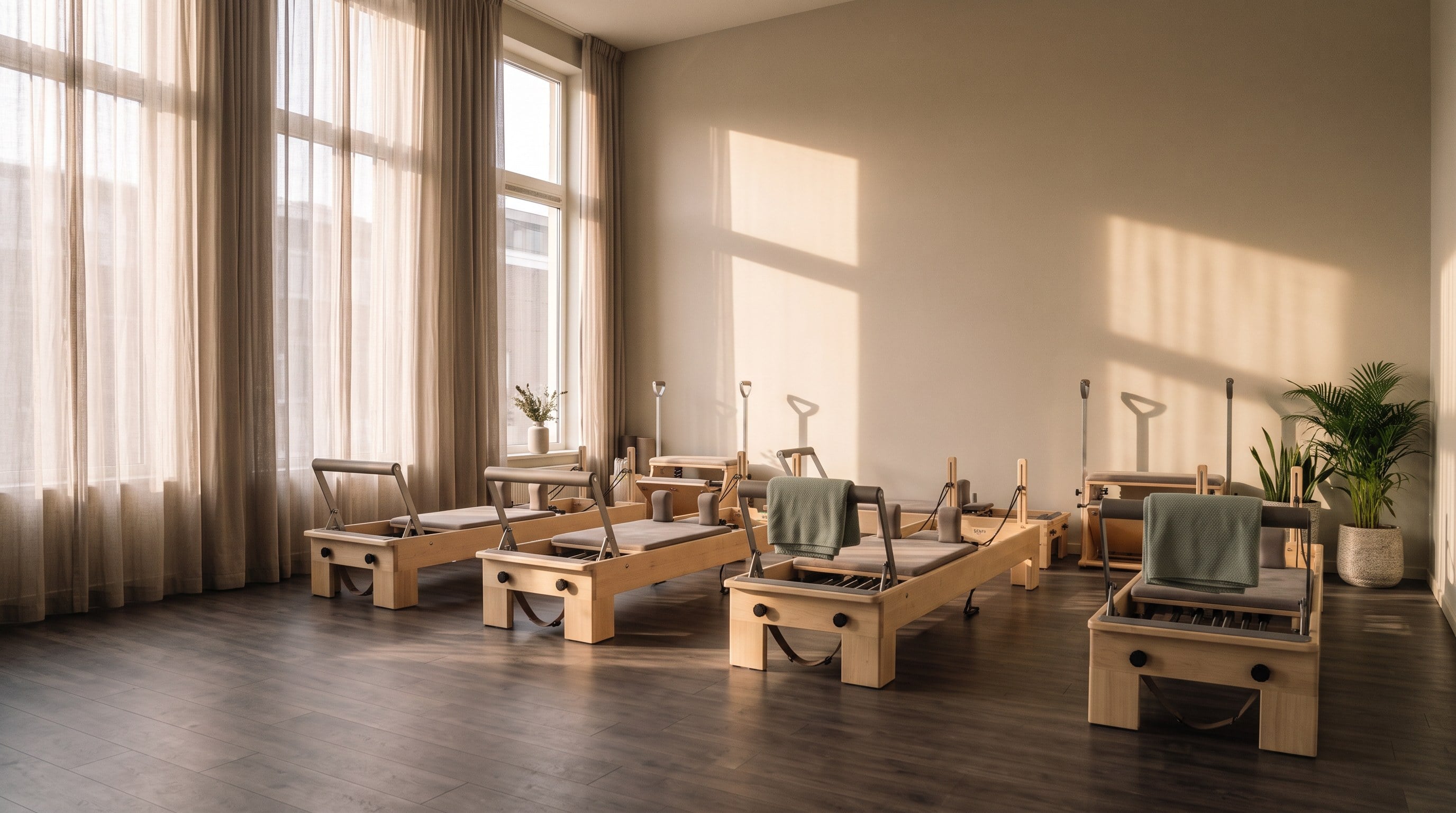 The empty aera studio at golden hour, sunlight through linen curtains across a row of reformers